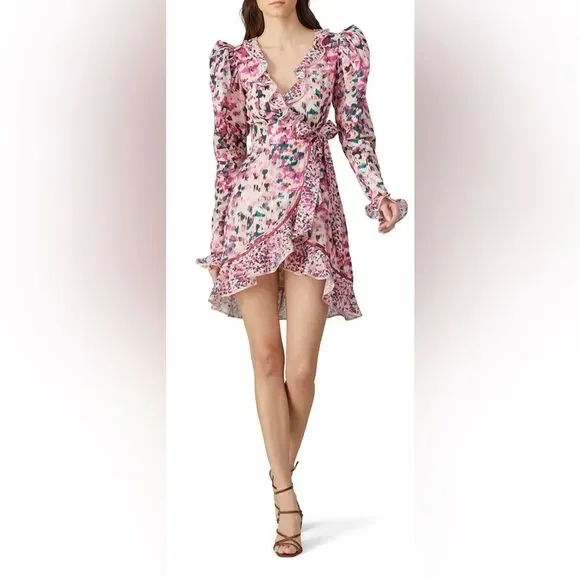 Rococo Sand Mimi Wrap Pink Dress Long Ruffle Puff Sleeve Size Medium - Picture 13 of 13